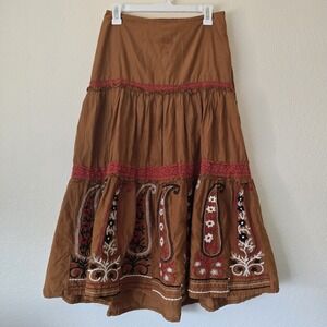 Lucca Womens Small Brown Maxi Skirt Boho Floral Embroider Tier Festival Y2k Lace